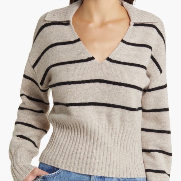 Reformation Beckie Stripe Cashmere Sweater V-neck Brown Black Collared - Picture 2 of 11
